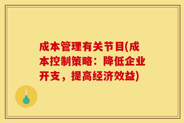 成本管理有关节目(成本控制策略：降低企业开支，提高经济效益)